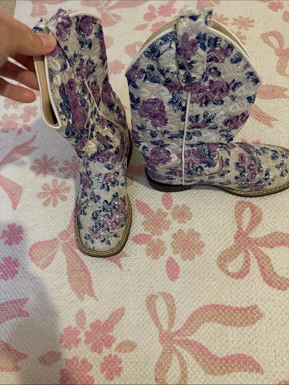 Old West Girls Floral Sparkle Cowboy Boots - Purple on Cream